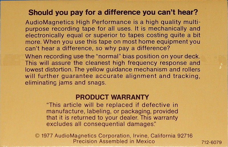Compact Cassette Audio Magnetics High Performance 60 Type I Normal 1977 USA