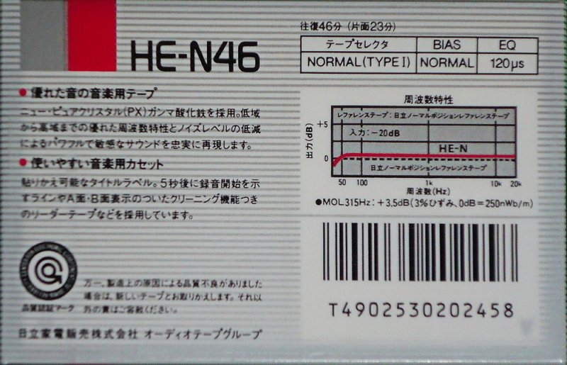 Compact Cassette Hitachi HE-N 46 Type I Normal 1987 Japan