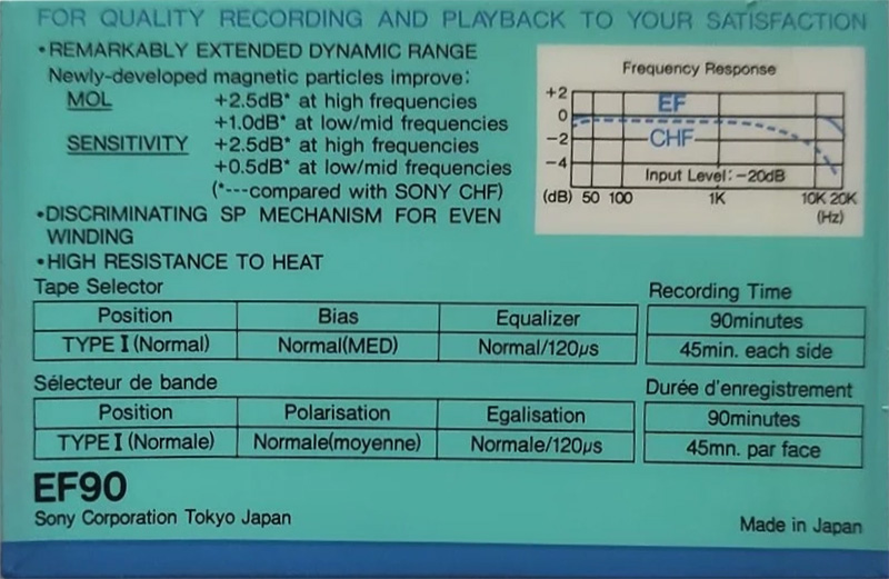 Compact Cassette Sony EF 90 "V1 non transparent gasket" Type I Normal 1985 Europe