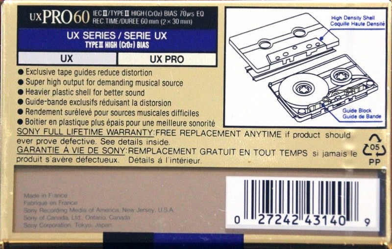 Compact Cassette Sony UX-Pro 60 Type II Chrome 1992 North America