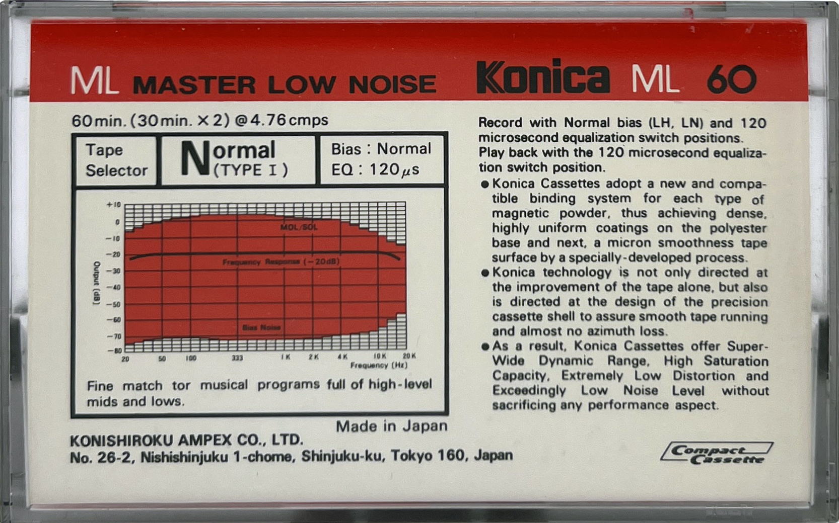 Compact Cassette Konica ML 60 Type I Normal 1984 USA