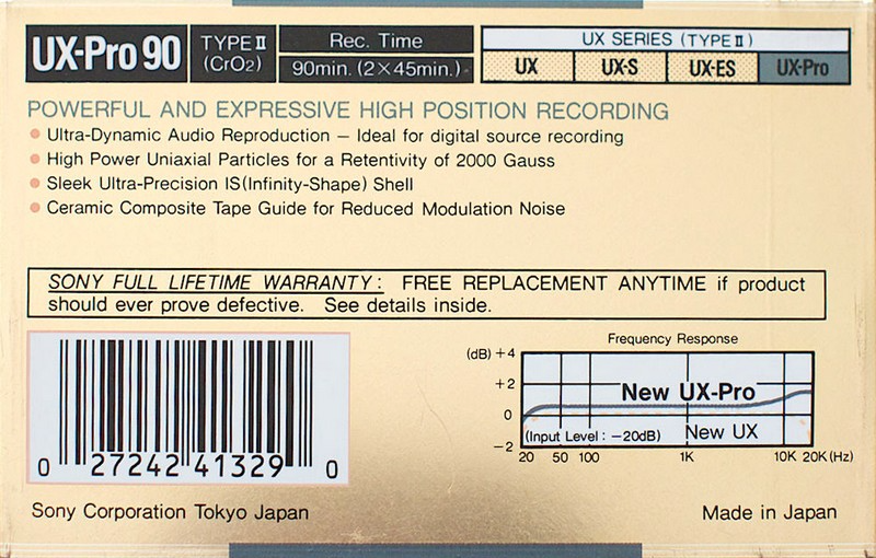 Compact Cassette Sony UX-Pro 90 Type II Chrome 1988 USA
