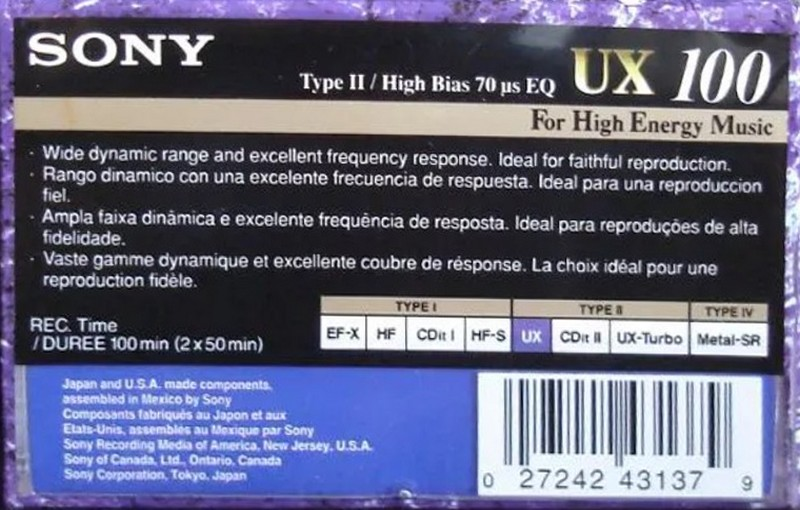 Compact Cassette Sony UX 100 Type II Chrome 1995 North America