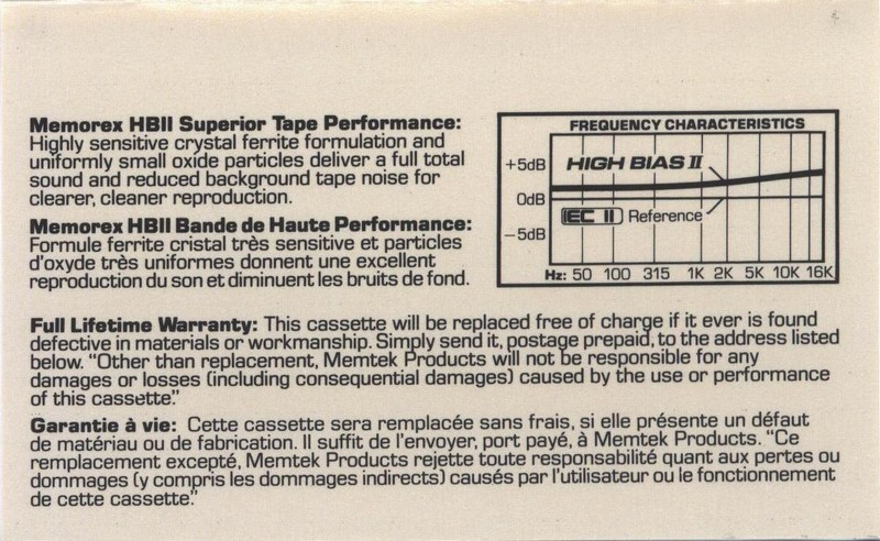 Compact Cassette Memorex HB II 90 Type II Chrome 1987 USA