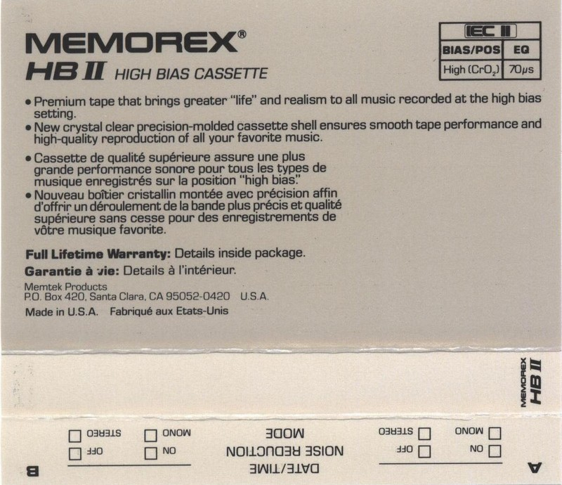 Compact Cassette Memorex HB II 90 Type II Chrome 1987 USA