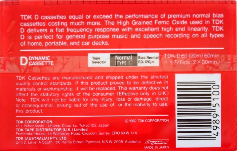 3 pack TDK D 60 Type I Normal 1982 Australia, Europe
