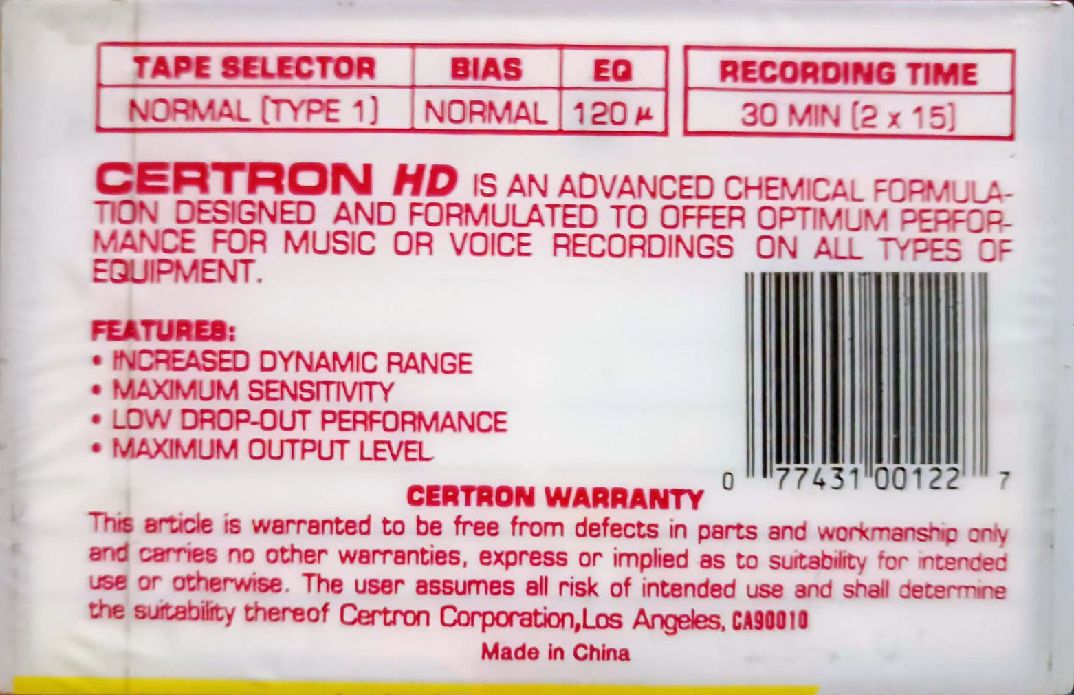 Compact Cassette Certron HD 30 Type I Normal 1988 USA