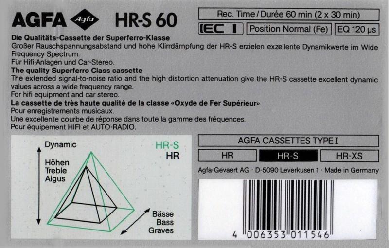 Compact Cassette AGFA HR-S 60 Type I Normal 1989 Europe