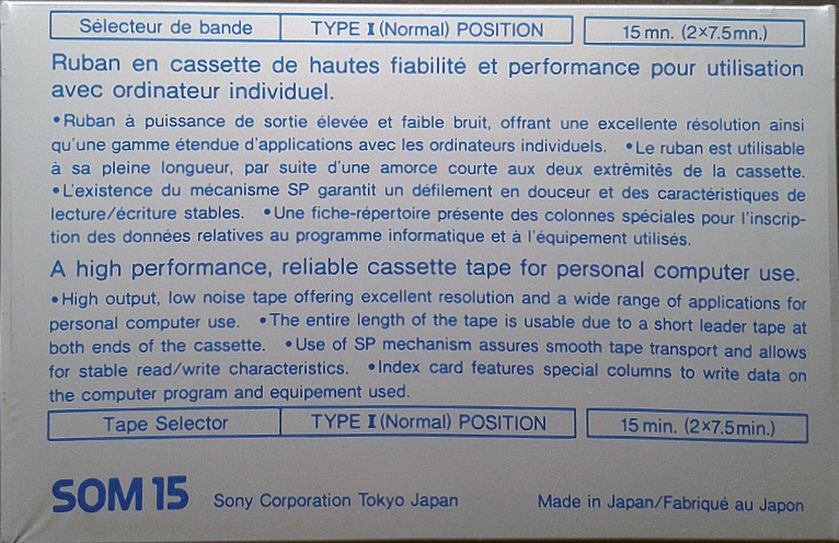 Compact Cassette Sony SOM 15 Computer Cassette 1983 North America