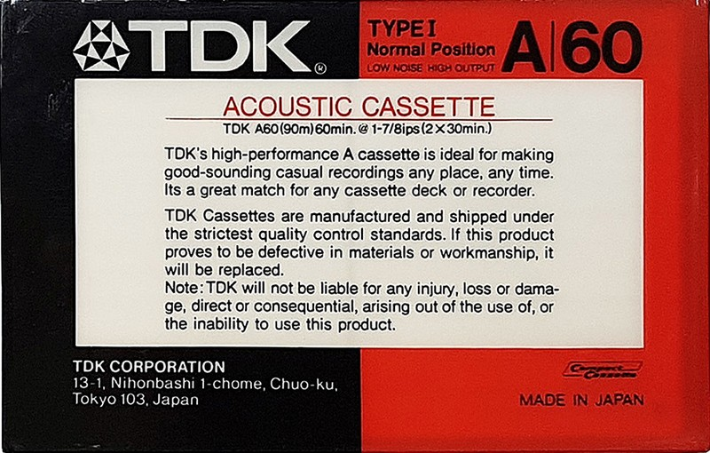 Compact Cassette TDK A 60 Type I Normal 1986 USA
