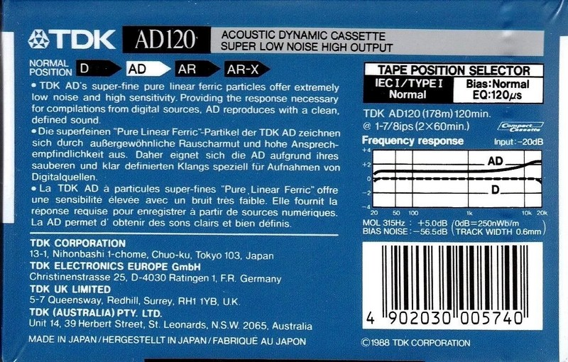 Compact Cassette TDK AD 120 Type I Normal 1988 Australia, Europe