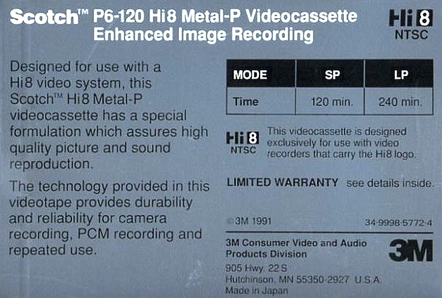 Video8, Hi8, Digital8 Scotch 120 "Metal-P" Type IV Metal 1991 North America