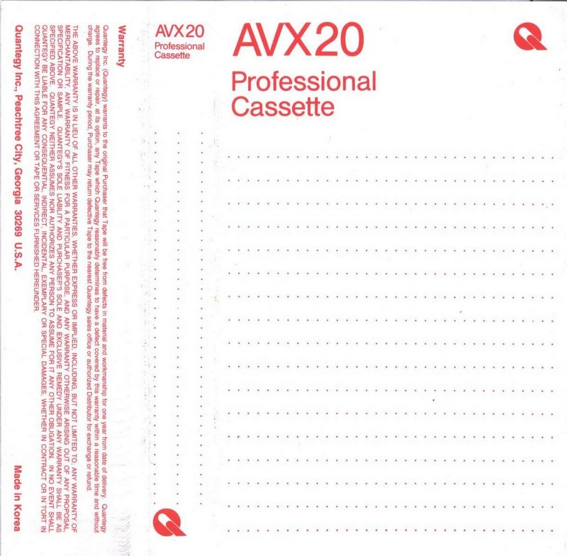 Compact Cassette Quantegy AVX 20 Type I Normal 1996 USA