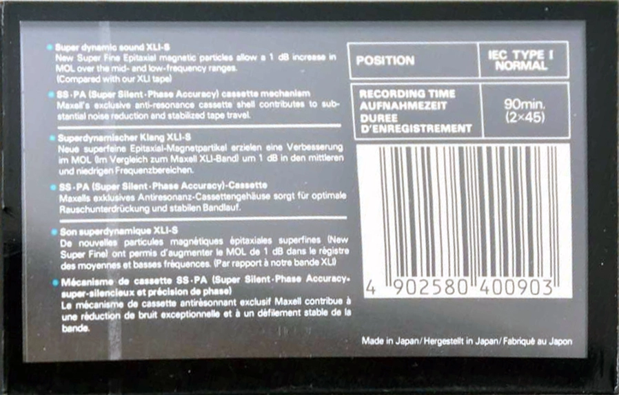 Compact Cassette Maxell XLI-S 90 Type I Normal 1986 Europe