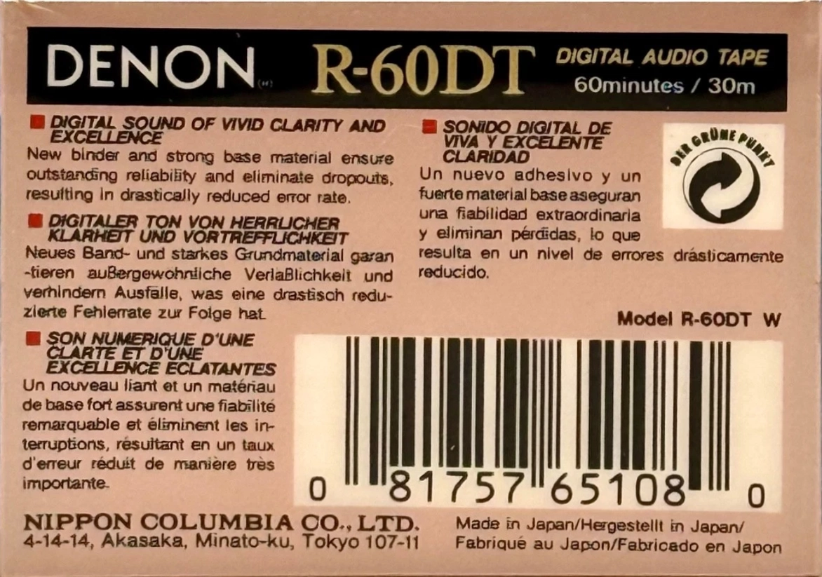 Digital Audio Tape Denon 60 "R-60DT W" Type IV Metal 1993 North America
