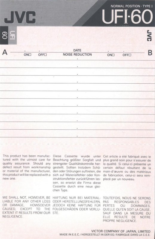 Compact Cassette JVC UFI 60 Type I Normal 1990 North America