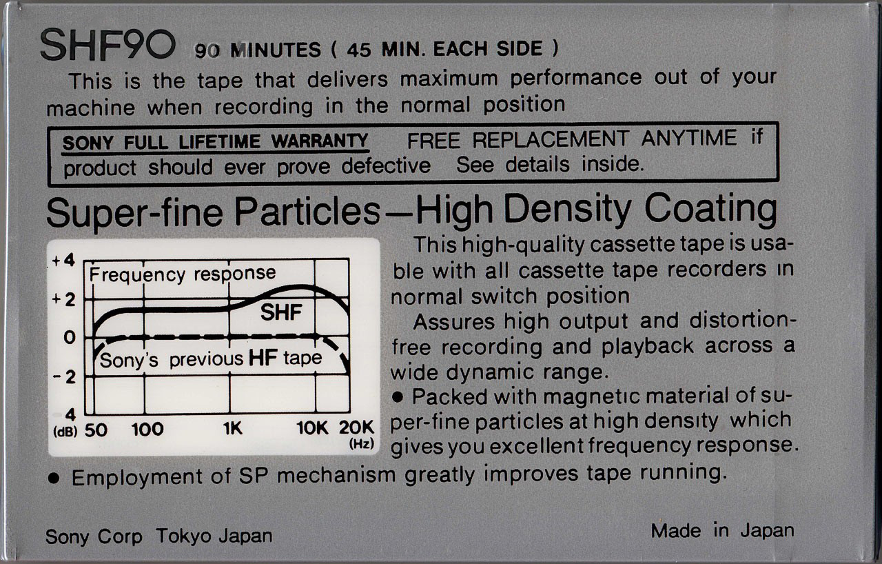 Compact Cassette Sony SHF 90 Type I Normal 1980 USA