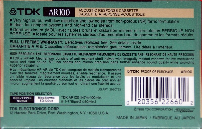 Compact Cassette TDK AR 100 "AR100" Type I Normal 1988 North America
