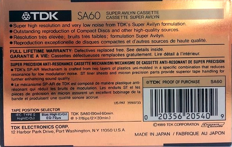 Compact Cassette TDK SA 60 "SA60" Type II Chrome 1989 North America