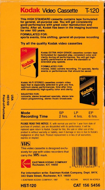 VHS, Video Home System Kodak HS 120 "HST-120" Type I Normal 1987 USA