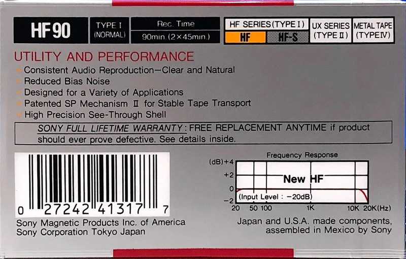 Compact Cassette Sony HF 90 Type I Normal 1988 USA