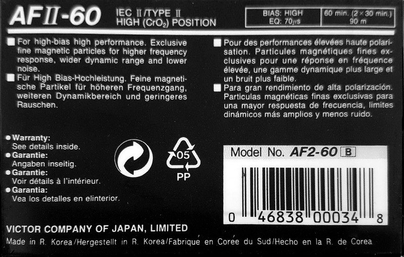 Compact Cassette JVC AFII 60 "AF2-60B" Type II Chrome 1992 North America