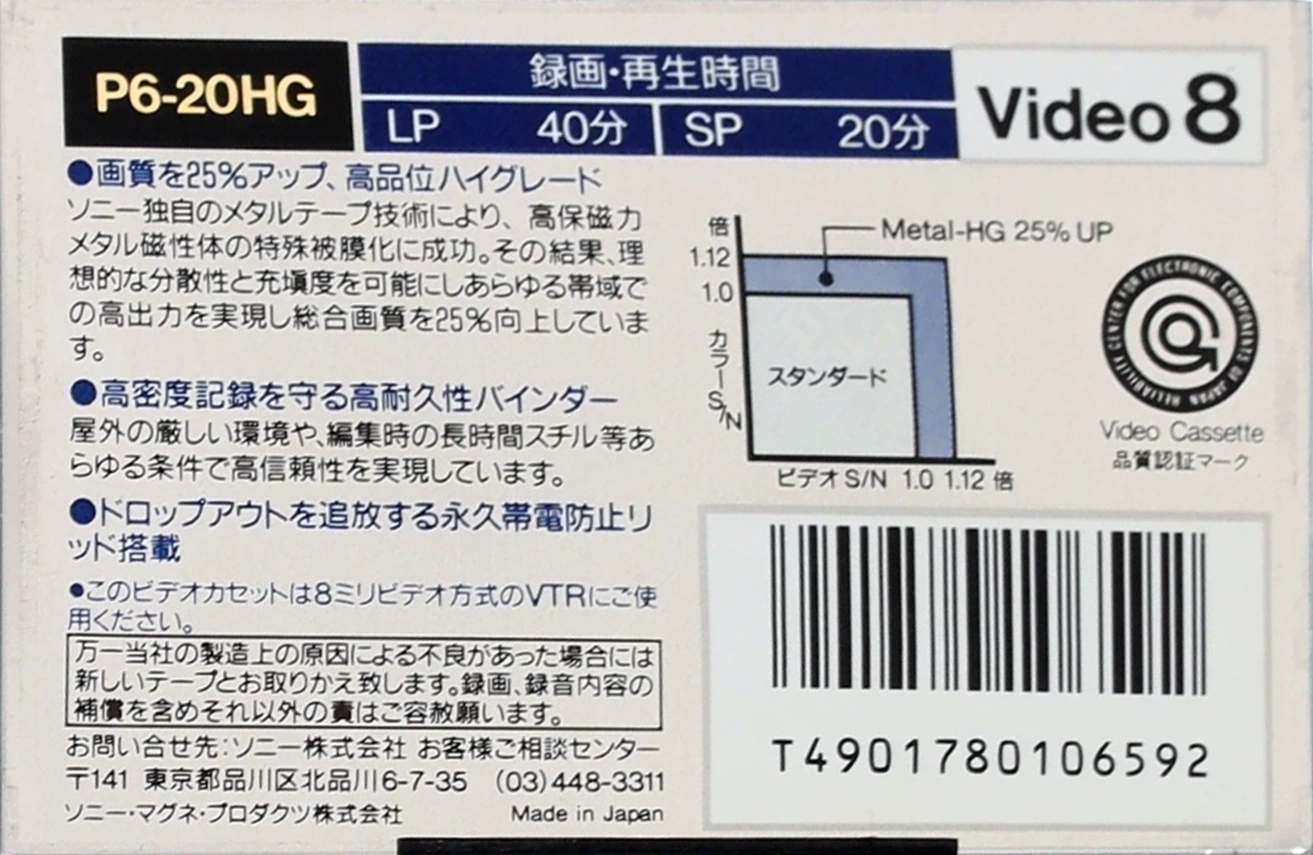 Video8, Hi8, Digital8 Sony HG 20 "P6-20HG" Type IV Metal 1989 Japan