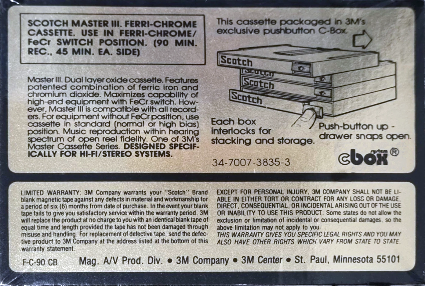 Compact Cassette Scotch Master III 90 Type III Ferro Chrome 1979 USA