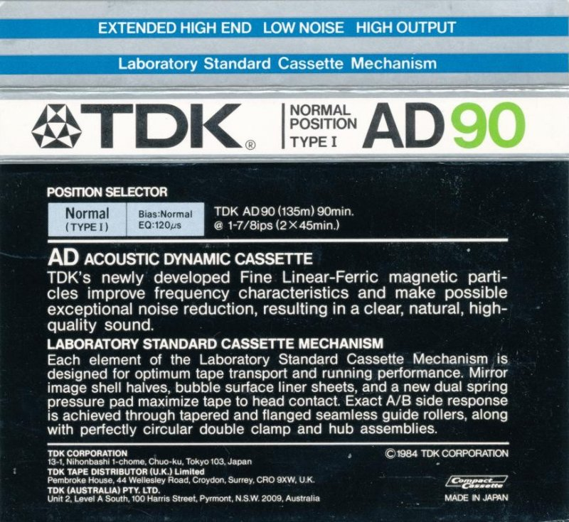 Compact Cassette TDK AD 90 Type I Normal 1984 Australia, Europe