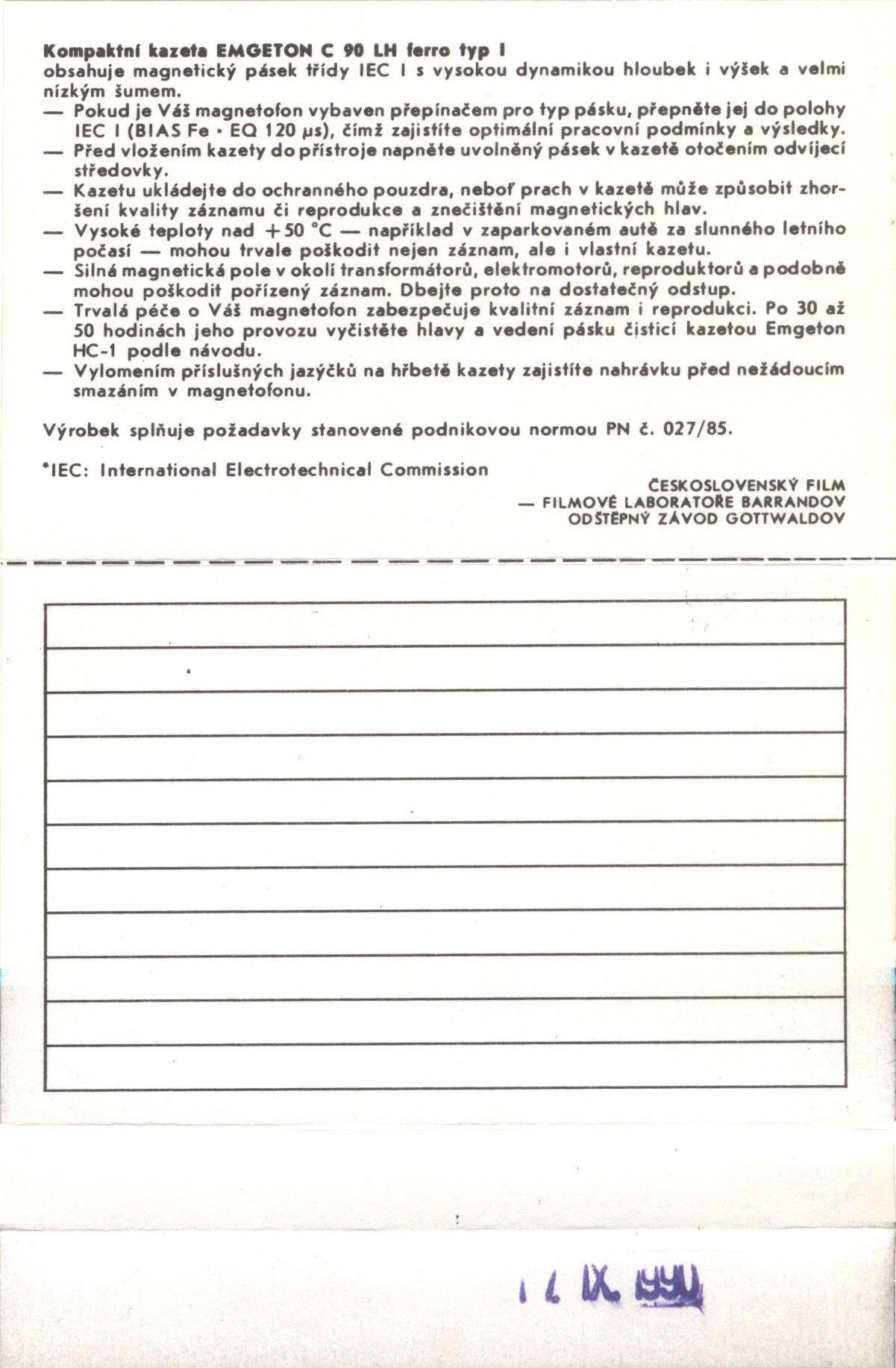 Compact Cassette Emgeton LH 90 Type I Normal 1989 Czechoslovakia