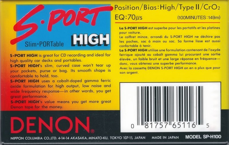 Compact Cassette Denon S-Port 100 "SP-H100" Type II Chrome 1990 North America