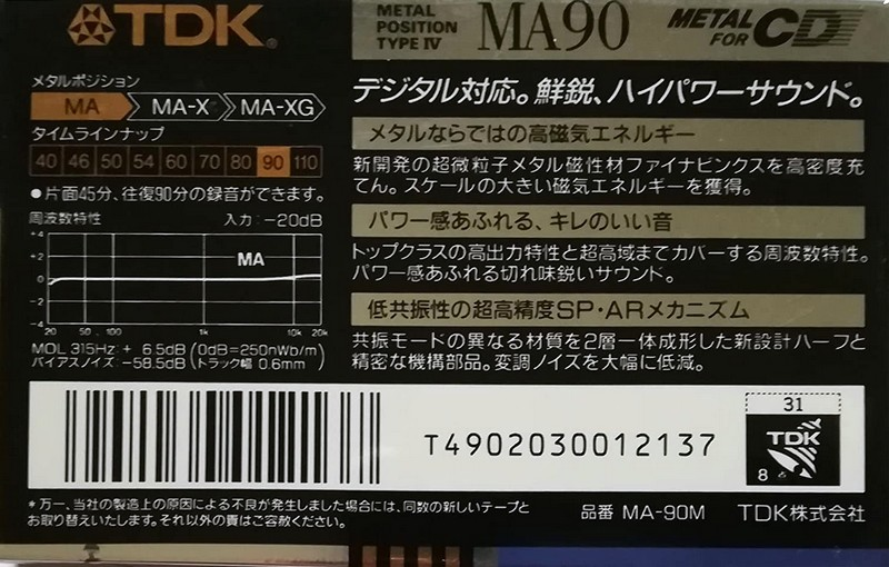 Compact Cassette TDK MA 90 "MA-90M" Type IV Metal 1990 Japan