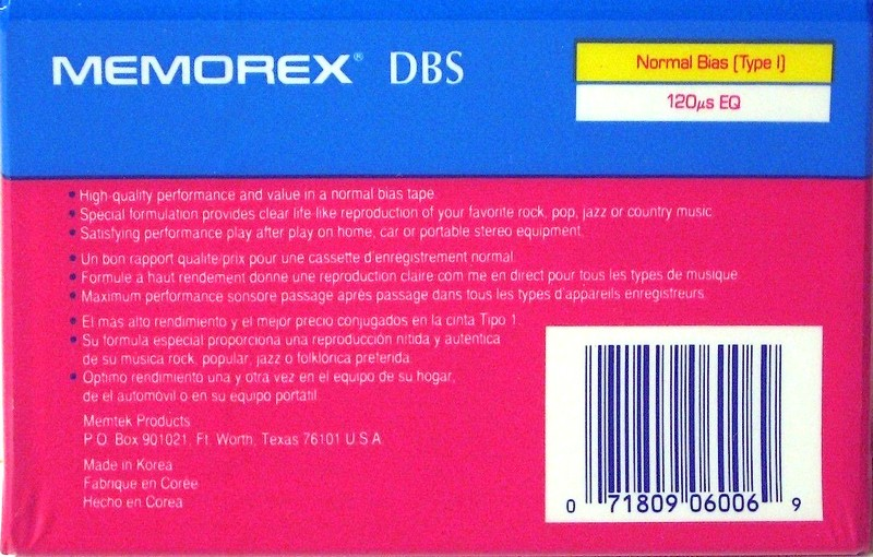 Compact Cassette Memorex dBS 110 Type I Normal 1990 USA