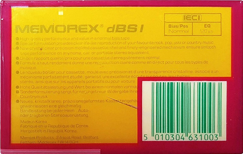 Compact Cassette Memorex dBS I 60 Type I Normal 1989 UK