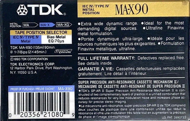 Compact Cassette TDK MA-X 90 Type IV Metal 1990 North America