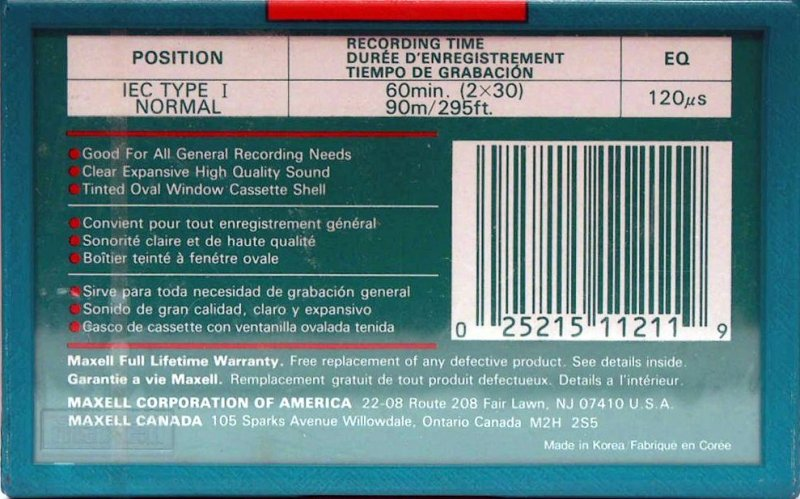 Compact Cassette Maxell UR 60 Type I Normal 1992 North America
