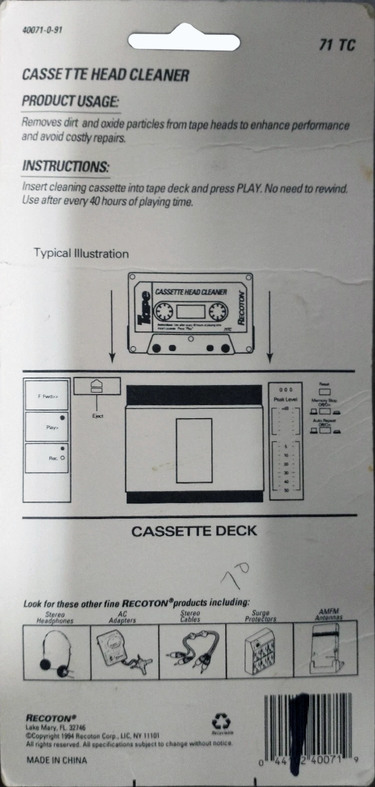Blister Recoton "71TC" Cleaning Cassette 1994 USA
