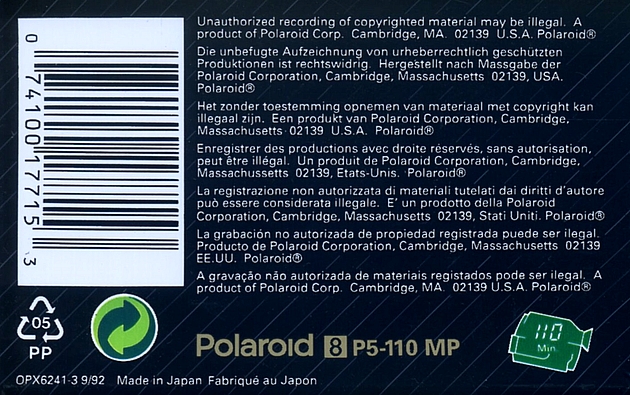 Video8, Hi8, Digital8 Polaroid 110 Type IV Metal 1992 North America