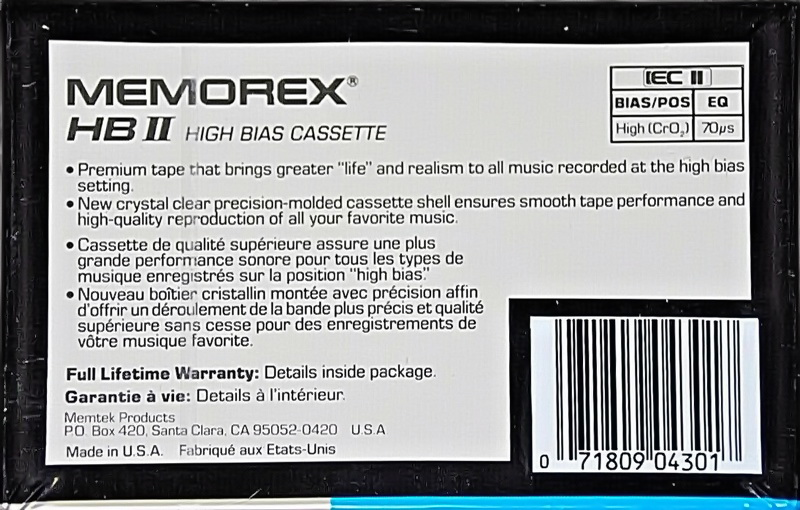 Compact Cassette Memorex HB II 60 Type II Chrome 1987 USA
