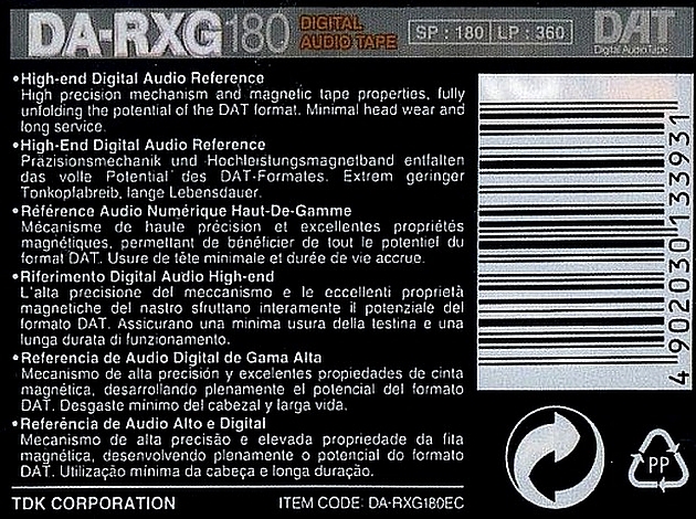 Digital Audio Tape TDK DA-RXG 180 "DA-RXG180EC" Type IV Metal 1996 Europe