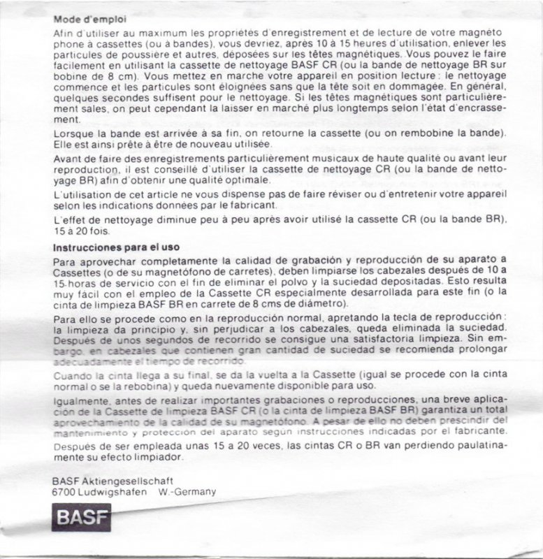 Compact Cassette BASF 10 "CR" Cleaning Cassette Europe