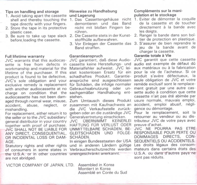 Compact Cassette JVC GI 90 "G1-90" Type I Normal 1988 North America