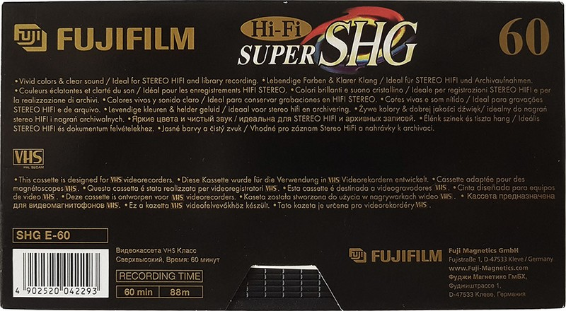 VHS, Video Home System Fuji SHG 60 "SHG E-60" Type I Normal 2005 Worldwide