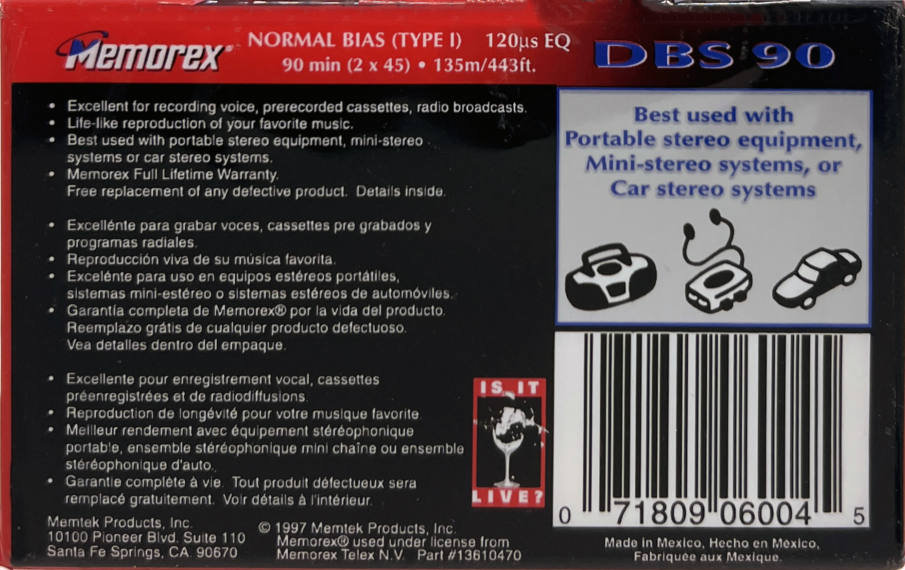 Compact Cassette Memorex dBS 90 Type I Normal 1997 North America