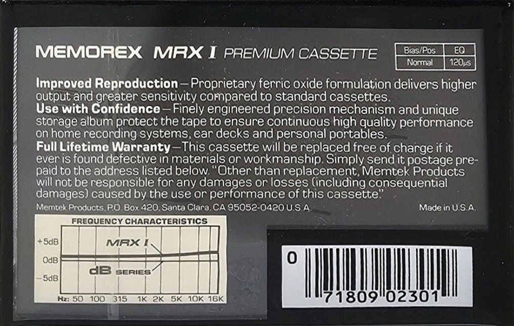 Compact Cassette Memorex MRX I 30 Type I Normal 1985 USA
