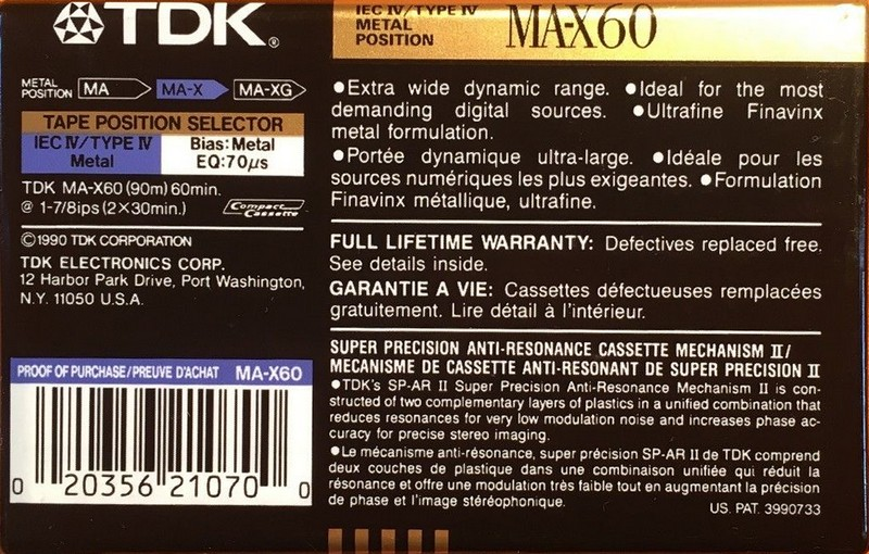 Compact Cassette TDK MA-X 60 Type IV Metal 1990 North America
