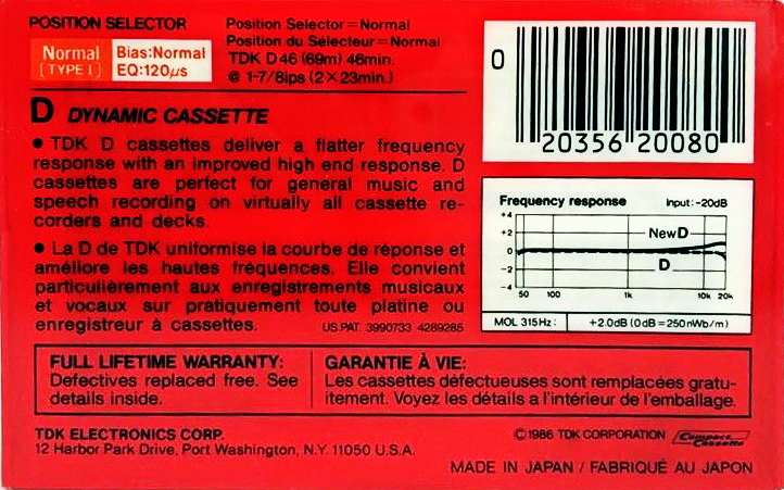 Compact Cassette TDK D 46 Type I Normal 1986 North America