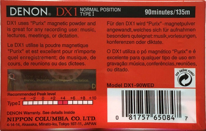 Compact Cassette Denon DX1 90 "DX1-90WED" Type I Normal 1995 North America