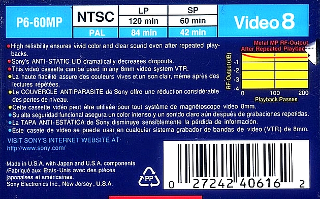 Video8, Hi8, Digital8 Sony MP 60 "P6-60MPC" Type I Normal 1996 North America