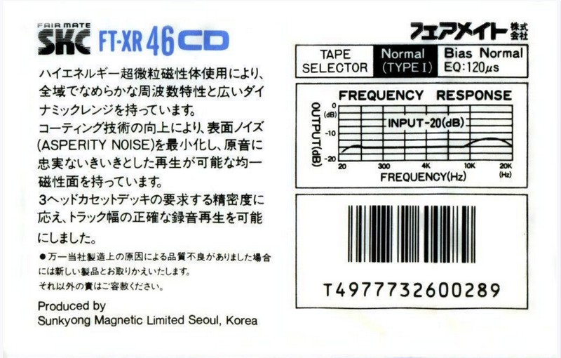 Compact Cassette SKC FT-XR 46 Type I Normal 1988 Japan